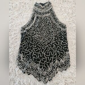 Vintage 80s Laurence Kazar NY Halter Top Sequin Beads Silk Black Silver Womens M
